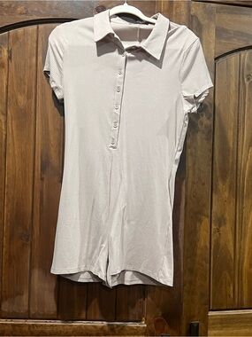 Ribbed Collared Button-Front Short-Sleeve Romper in Light Beige
